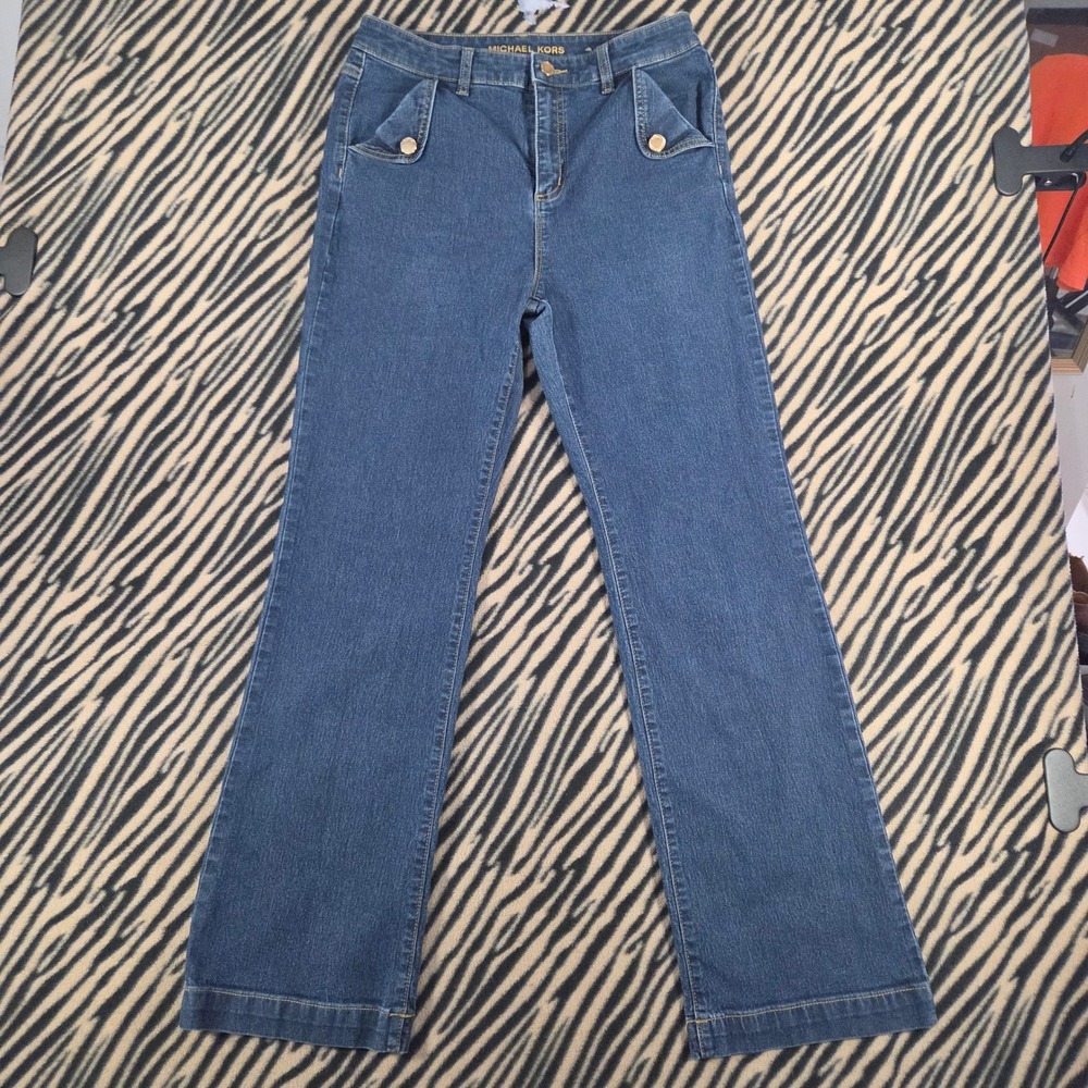 Michael Kors Flare Jeans Blue Denim High Rise Gold Button Flap Pockets Size 8